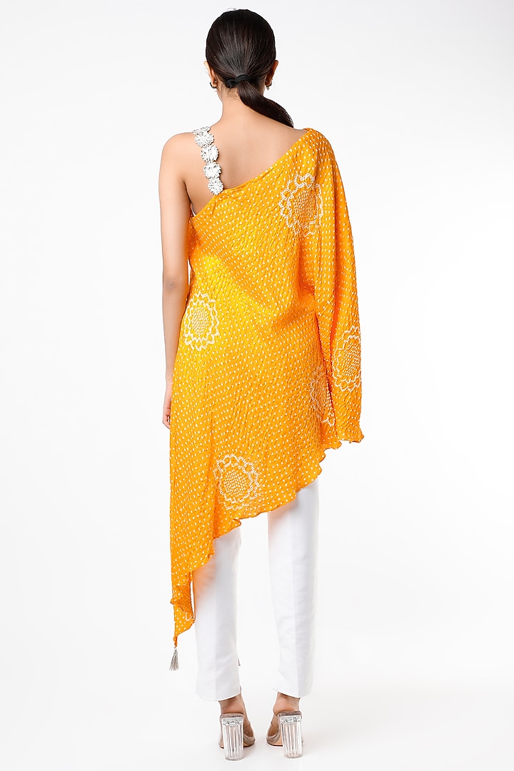 Yellow Bandhej Printed One Shoulder Top  by Alpa & Reena at Pernia's Pop Up Shop