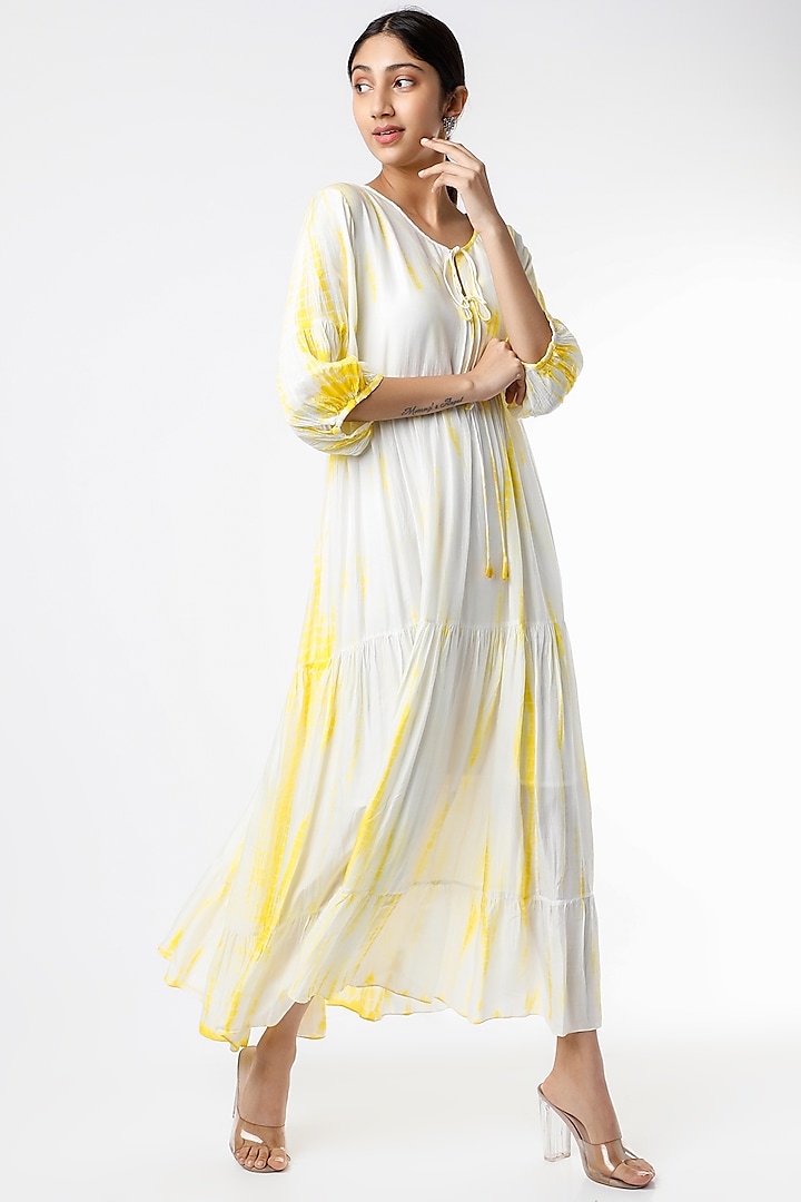 Yellow & White Shibori Tie-Dye Printed Long Layered Dress by Alpa & Reena