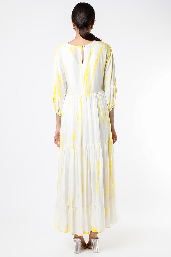 Yellow & White Shibori Tie-Dye Printed Long Layered Summer Dress by Alpa & Reena at Pernia's Pop Up Shop