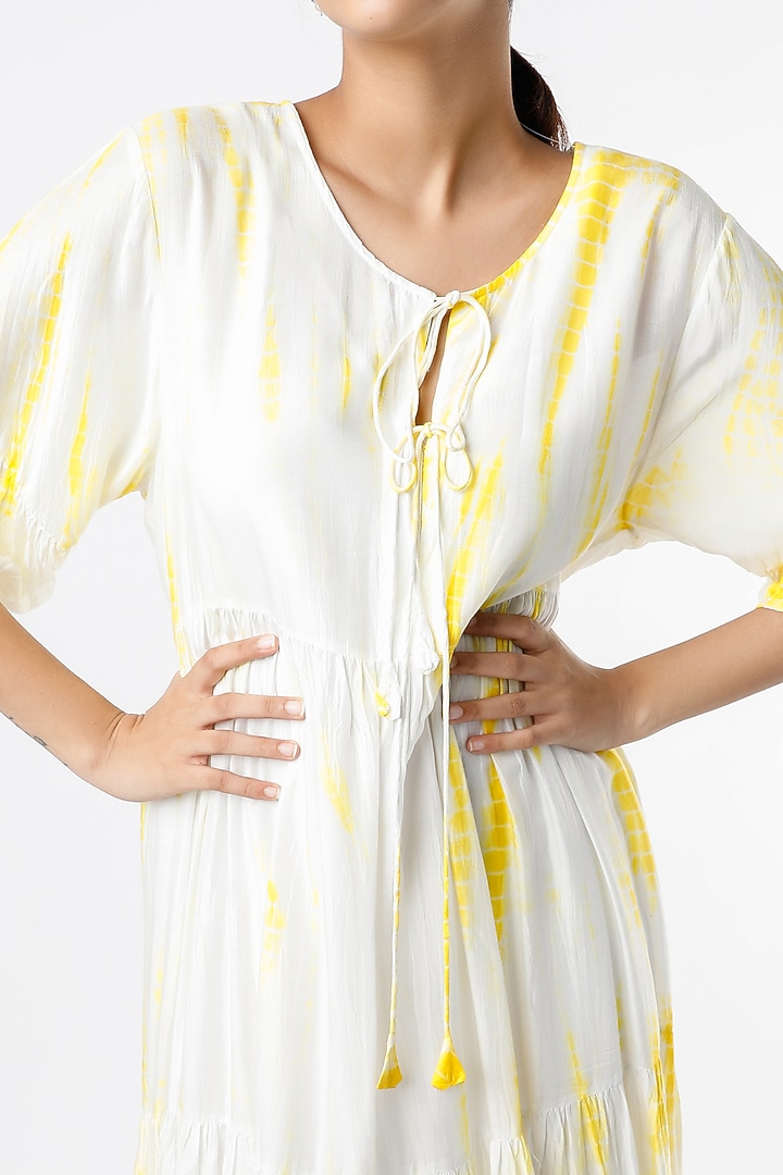 Yellow & White Shibori Tie-Dye Printed Long Layered Summer Dress by Alpa & Reena at Pernia's Pop Up Shop