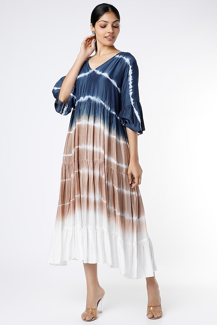Indigo & Brown Tie-Dye Printed Layered Dress by Alpa & Reena