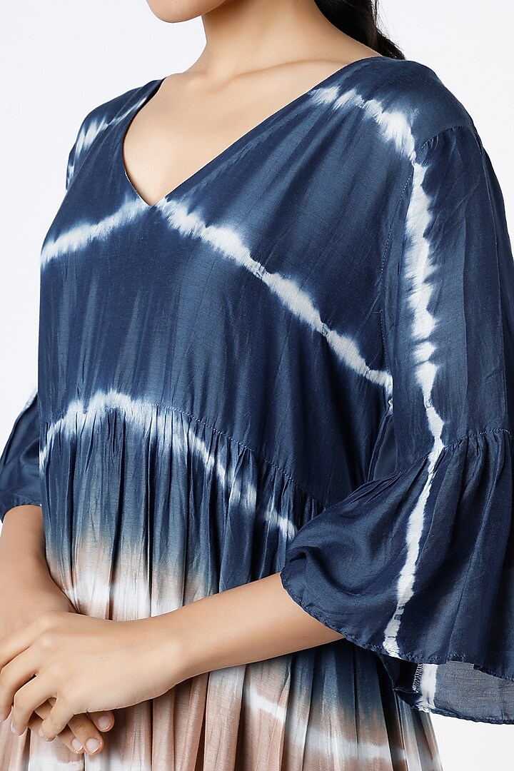 Indigo & Brown Tie-Dye Printed Layered Summer Dress by Alpa & Reena at Pernia's Pop Up Shop