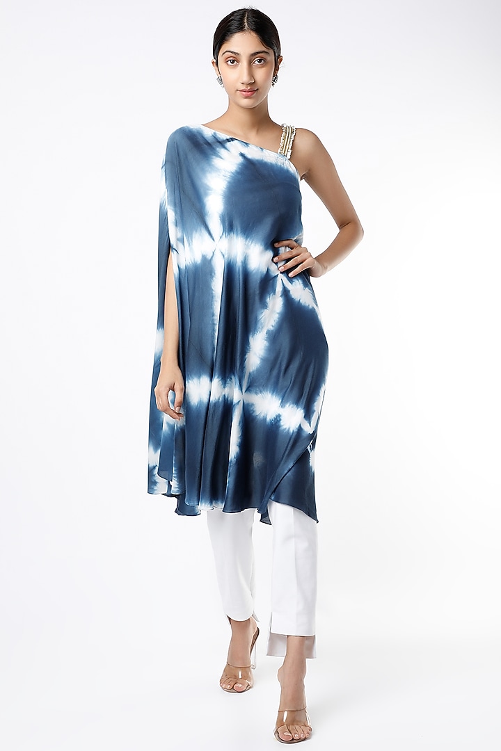 Indigo & White Tie-Dye Printed One Shoulder Summer Dress by Alpa & Reena at Pernia's Pop Up Shop