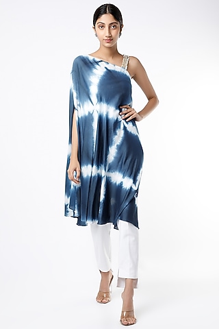 Indigo & White Tie-Dye Printed One Shoulder Dress by Alpa & Reena