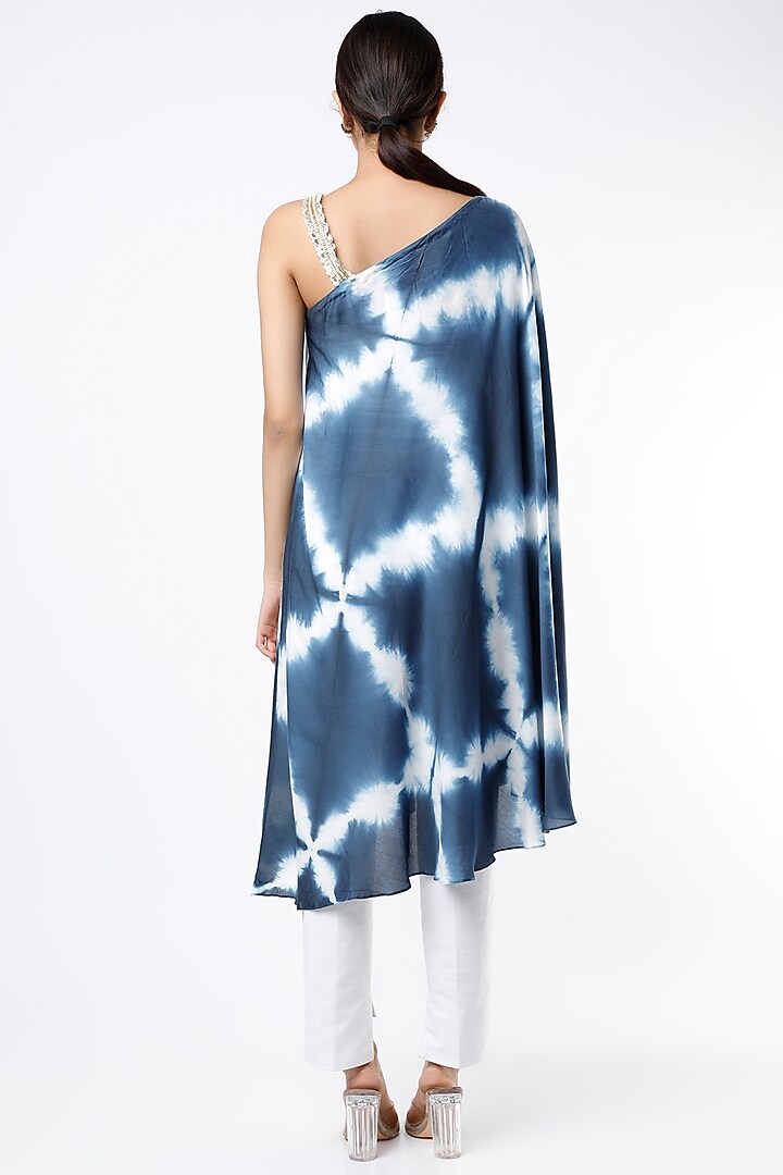 Indigo & White Tie-Dye Printed One Shoulder Summer Dress by Alpa & Reena at Pernia's Pop Up Shop