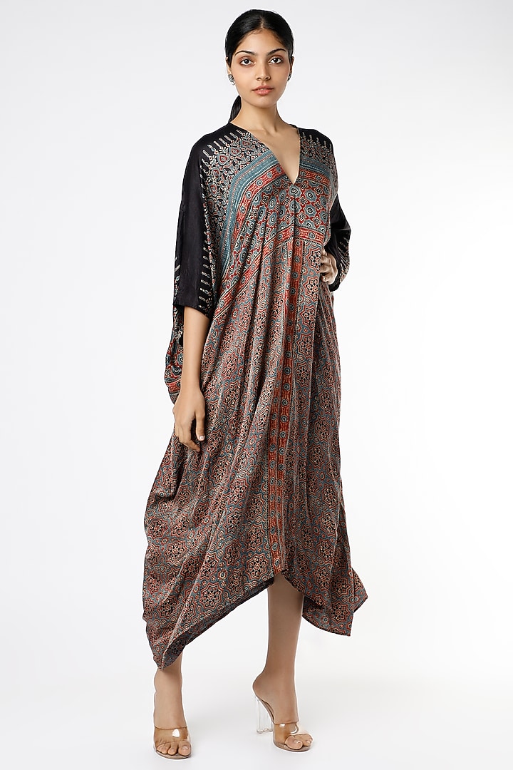 Maroon Ajrakh Printed Kimono Summer Dress by Alpa & Reena at Pernia's Pop Up Shop