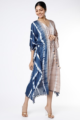Indigo & Brown Tie-Dye Printed Long Kaftan Tunic by Alpa & Reena