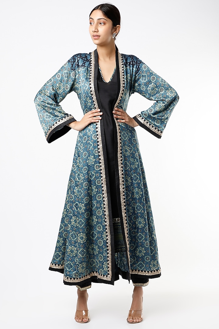 Green Gajji Silk Ajrakh Printed Jacket Set by Alpa & Reena at Pernia's Pop Up Shop