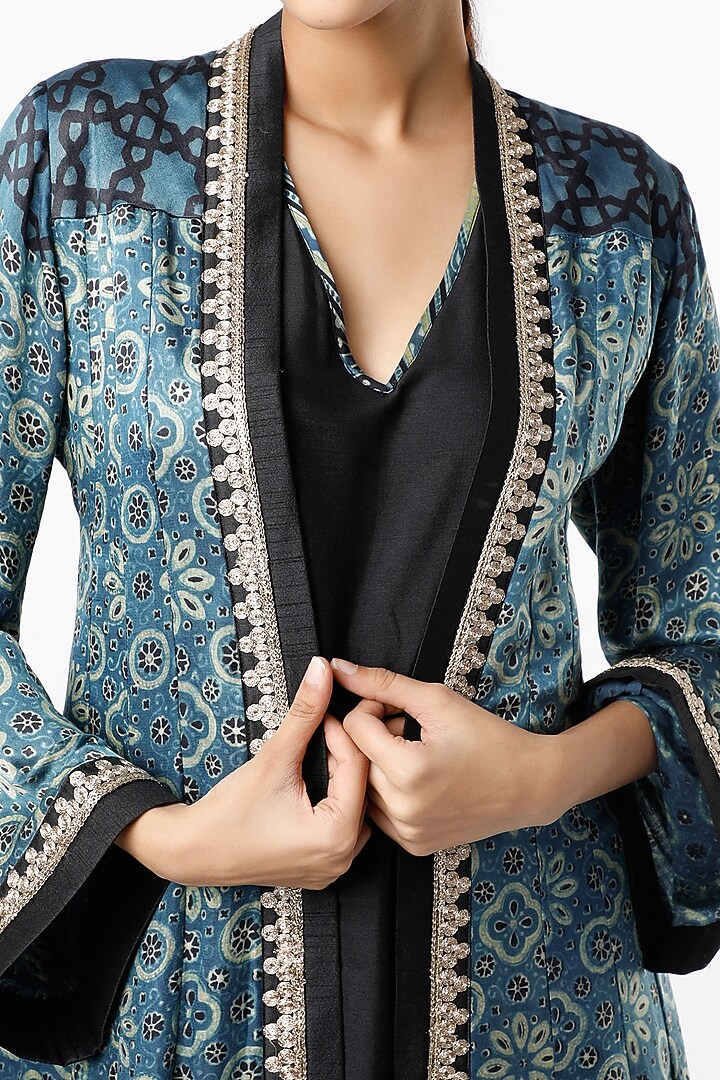 Green Gajji Silk Ajrakh Printed Jacket Set by Alpa & Reena at Pernia's Pop Up Shop