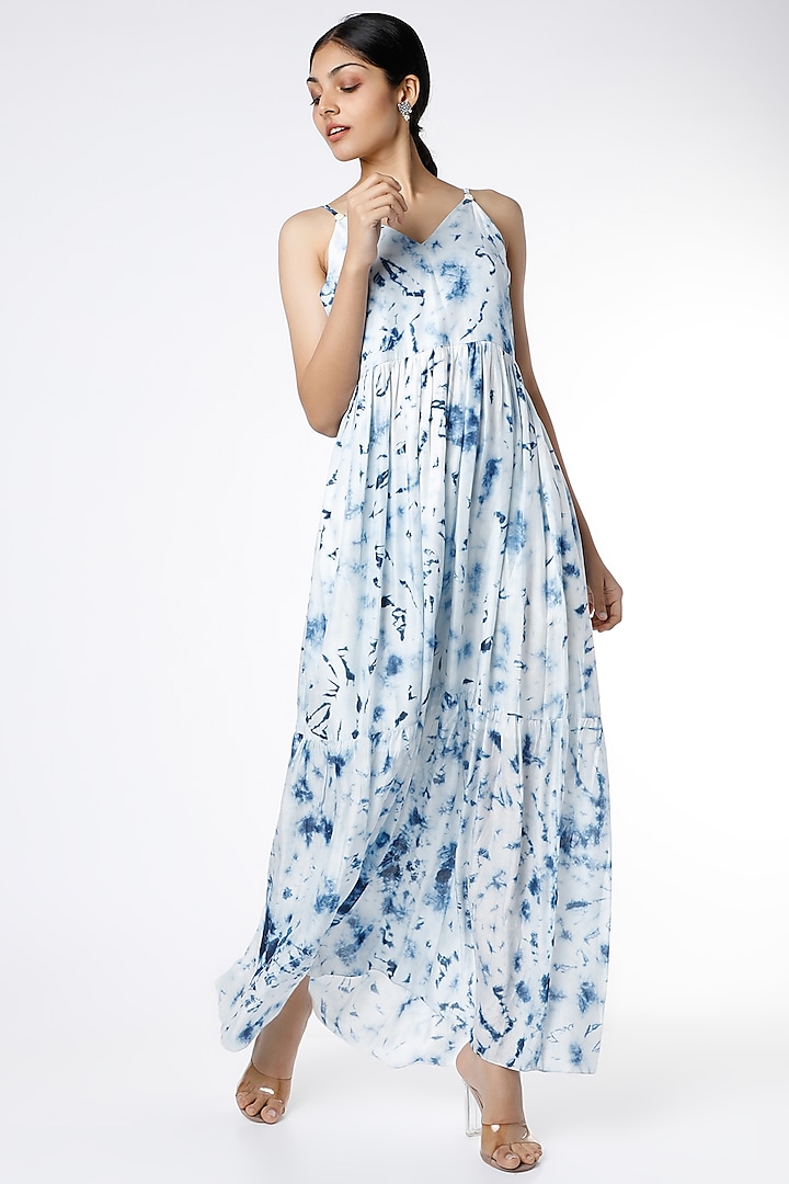 Indigo & White Tie-Dye Printed Layered Dress by Alpa & Reena
