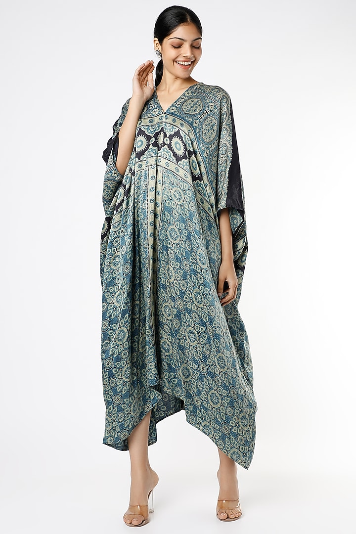 Blue Ajrakh Printed Kimono Summer Dress by Alpa & Reena at Pernia's Pop Up Shop