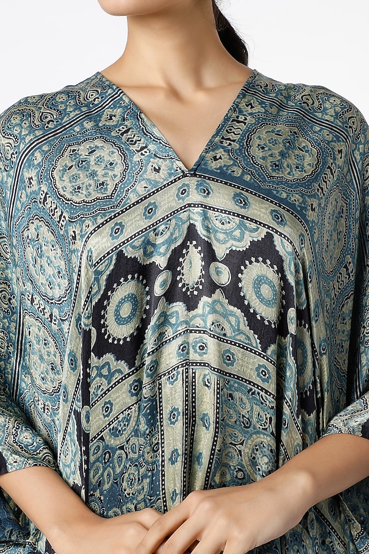 Blue Ajrakh Printed Kimono Summer Dress by Alpa & Reena at Pernia's Pop Up Shop