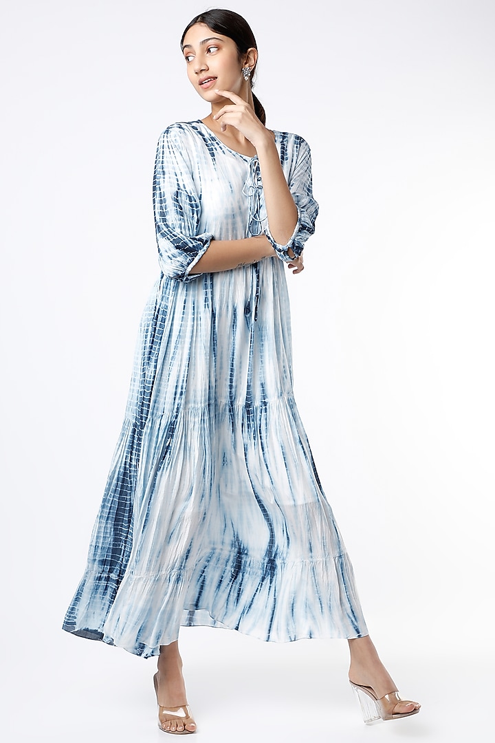 Indigo & White Shibori Tie-Dye Printed Layered Dress by Alpa & Reena
