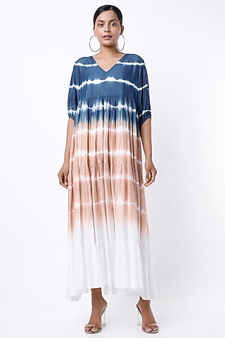 Indigo & Brown Tie-Dye Printed Layered Maxi Dress by Alpa & Reena