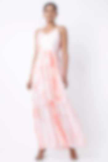 White & Coral Tie-Dye Printed Layered Maxi Dress by Alpa & Reena at Pernia's Pop Up Shop