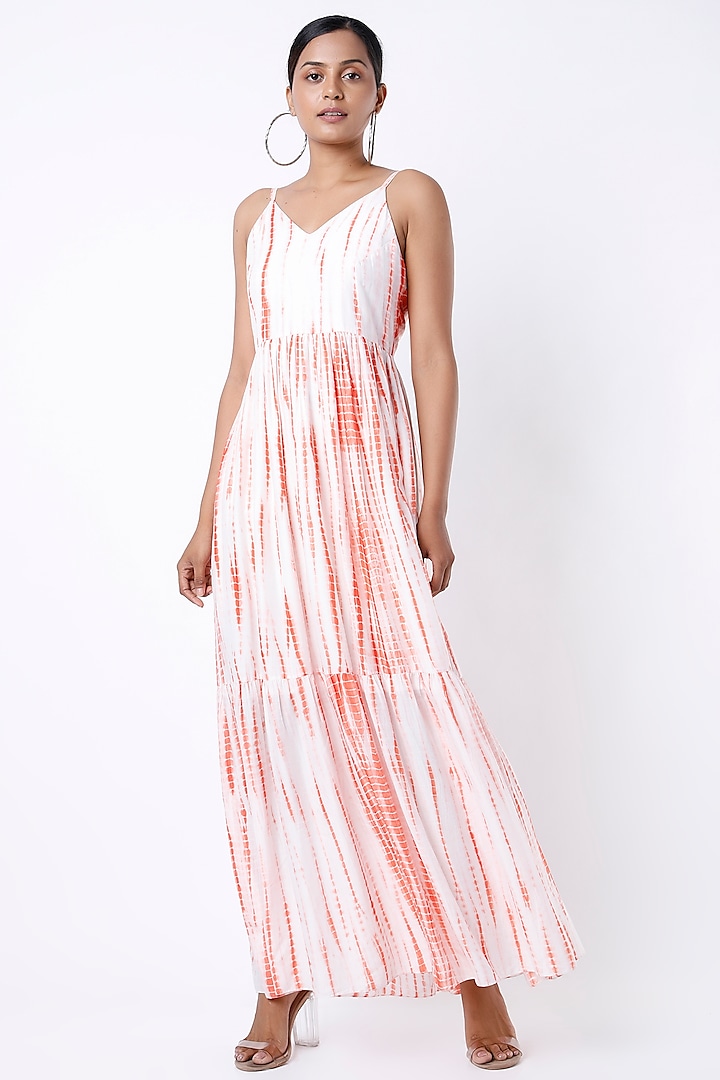 White & Coral Tie-Dye Printed Layered Maxi Dress by Alpa & Reena at Pernia's Pop Up Shop