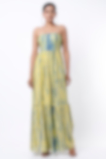 Yellow & Blue Tie-Dye Printed Layered Maxi Dress by Alpa & Reena at Pernia's Pop Up Shop