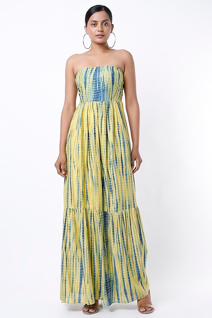 Yellow & Blue Tie-Dye Printed Layered Maxi Dress by Alpa & Reena at Pernia's Pop Up Shop