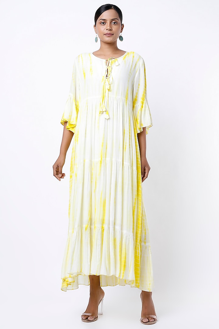 Yellow & White Tie-Dye Printed Layered Maxi Dress by Alpa & Reena at Pernia's Pop Up Shop