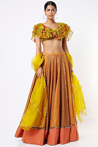 Yellow Floral Printed Lehenga Set by Alpa & Reena