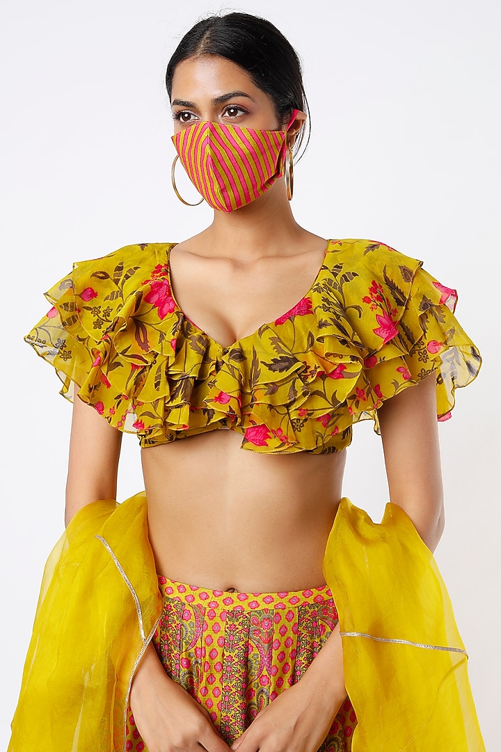 Yellow Floral Printed Wedding Lehenga Set by Alpa & Reena at Pernia's Pop Up Shop