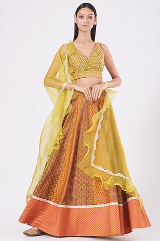 Coral Silk Skirt Set by Alpa & Reena