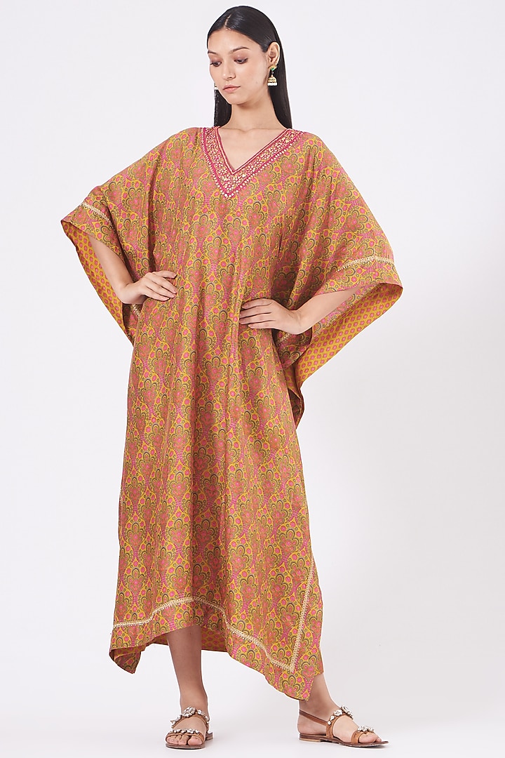 Capital Yellow & Blush Pink Embroidered Long Kaftan by Alpa & Reena at Pernia's Pop Up Shop