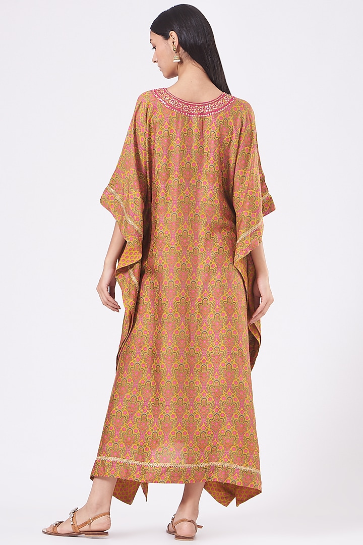 Capital Yellow & Blush Pink Embroidered Long Kaftan by Alpa & Reena at Pernia's Pop Up Shop
