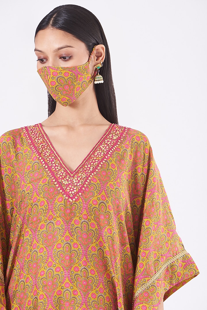Capital Yellow & Blush Pink Embroidered Long Kaftan by Alpa & Reena at Pernia's Pop Up Shop