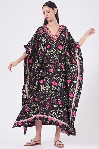 Black & Fuchsia Embroidered Long Kaftan by Alpa & Reena