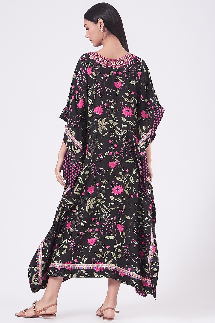 Black & Fuchsia Embroidered Long Kaftan by Alpa & Reena at Pernia's Pop Up Shop