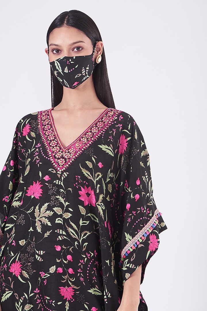 Black & Fuchsia Embroidered Long Kaftan by Alpa & Reena at Pernia's Pop Up Shop