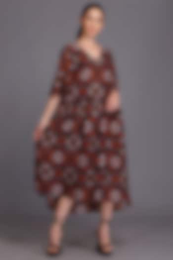 Maroon Digital Printed Midi Dress by Alpona Designs