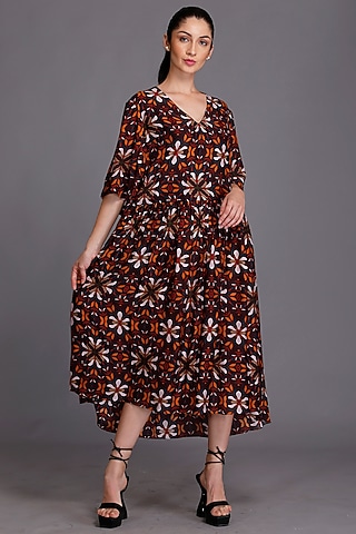 Maroon Digital Printed Midi Dress by Alpona Designs