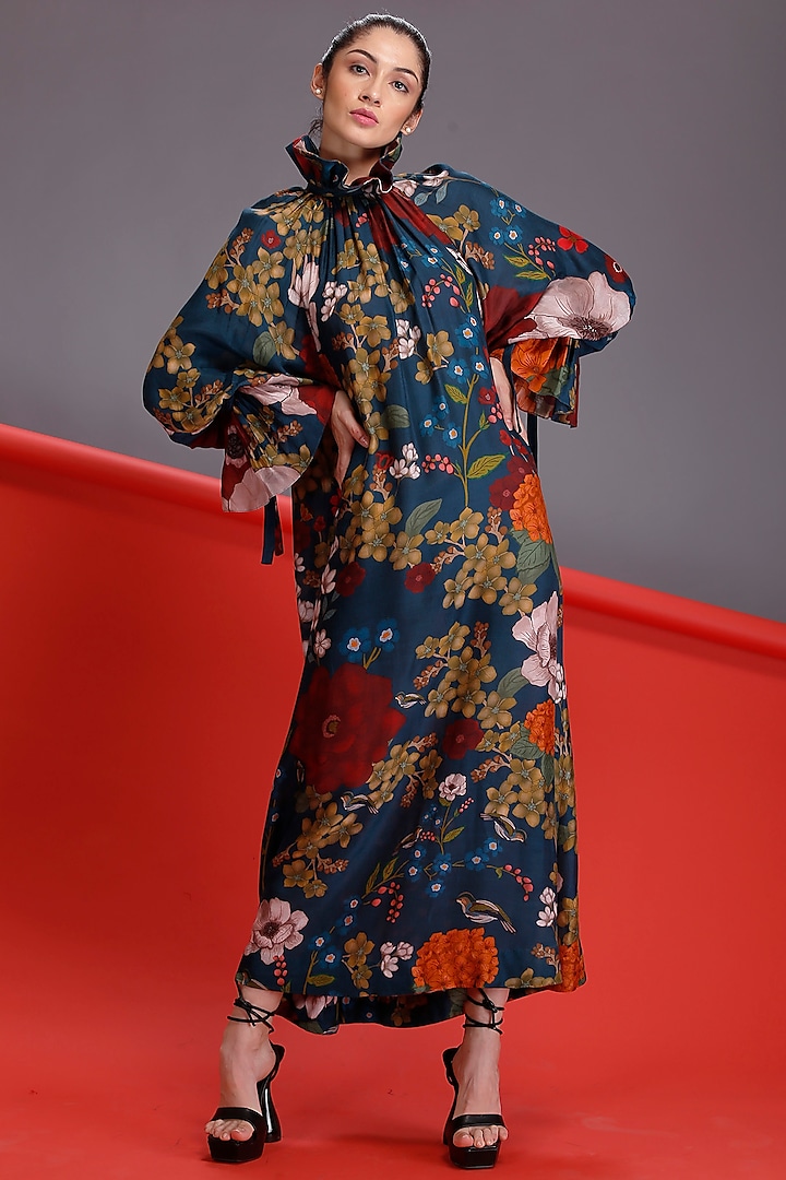Blue Floral Digital Printed Midi Dress by Alpona Designs