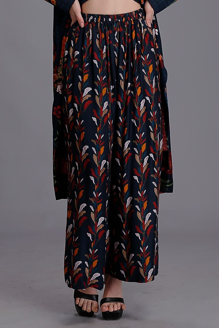Blue Cotton Silk Printed Palazzo Pants by Alpona Designs at Pernia's Pop Up Shop
