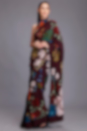 Maroon Digital Printed Tiered Saree Set by Alpona Designs