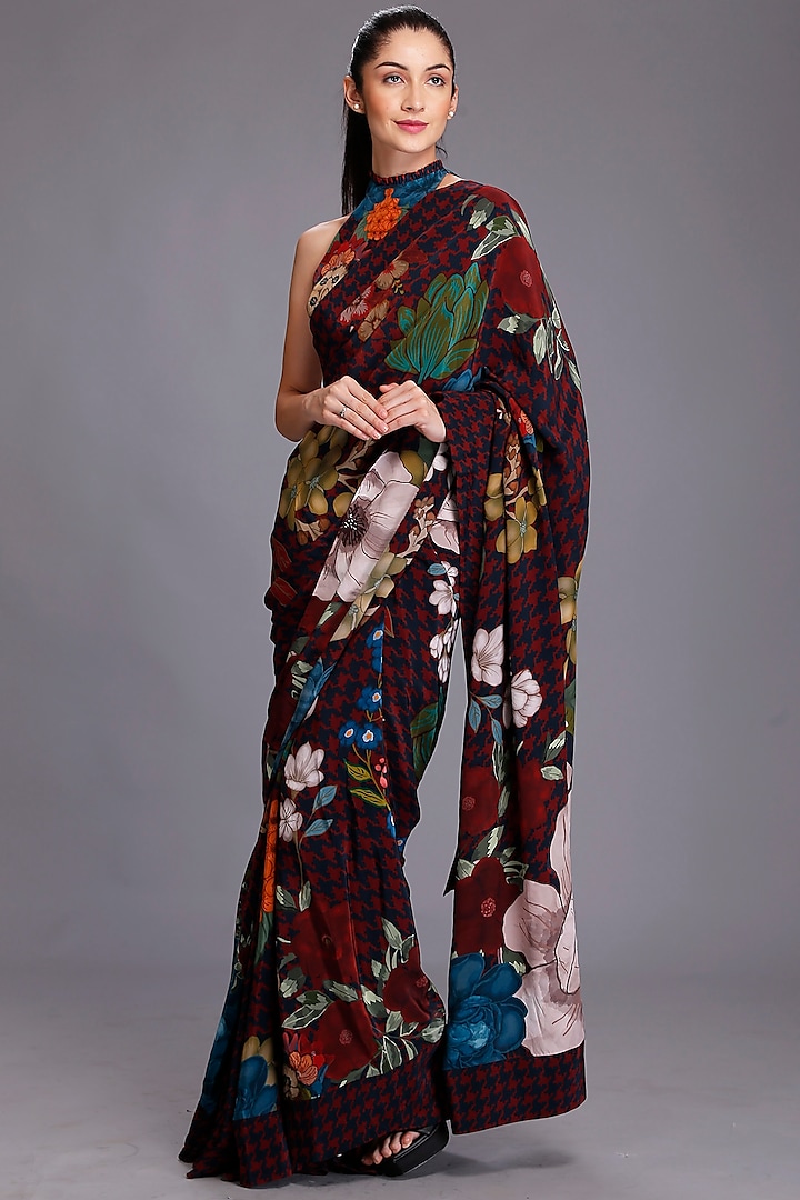 Maroon Digital Printed Tiered Saree Set by Alpona Designs