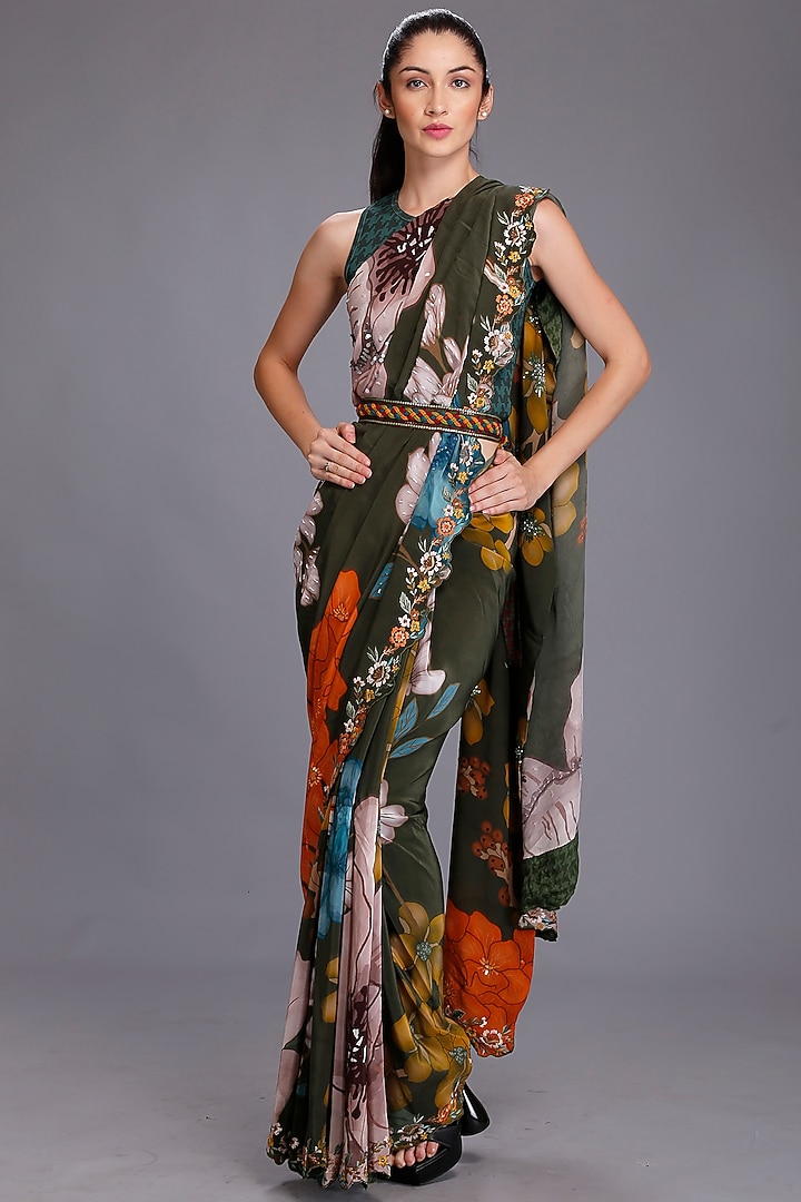 Green Natural Crepe Floral Printed & Embroidered Wedding Saree Set by Alpona Designs at Pernia's Pop Up Shop
