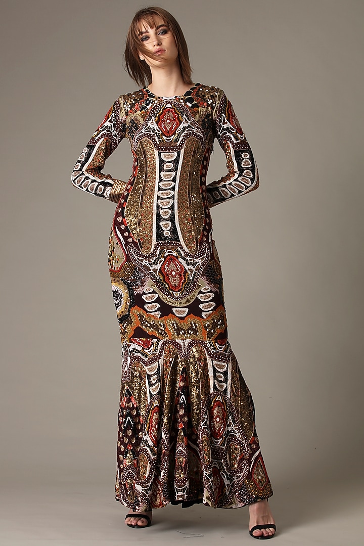 Ebony Brown Printed Mermaid Party Wear Dress by Alpona Designs at Pernia's Pop Up Shop