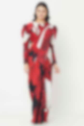 Red Hibiscus Printed Party Wear Saree by Alpona Designs at Pernia's Pop Up Shop