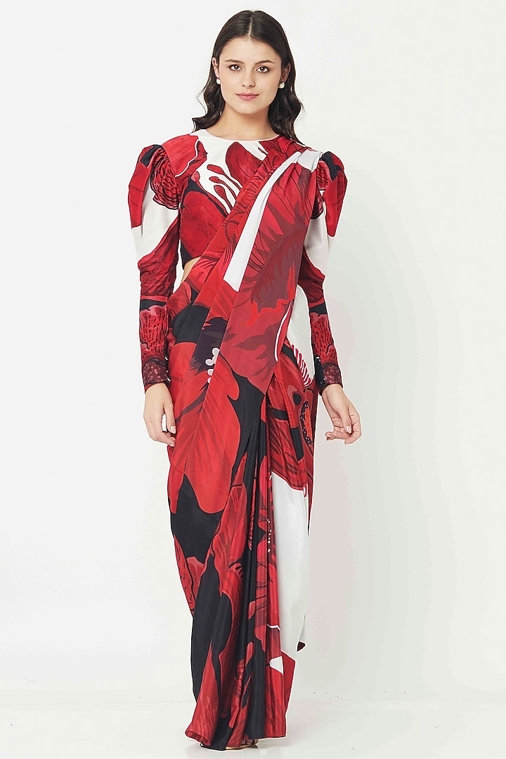Red Hibiscus Printed Party Wear Saree by Alpona Designs at Pernia's Pop Up Shop