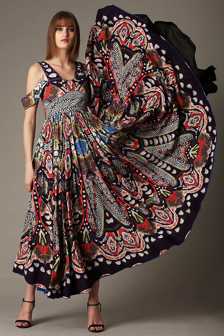 Multi-Colored Printed Flared Vacation Dress by Alpona Designs at Pernia's Pop Up Shop