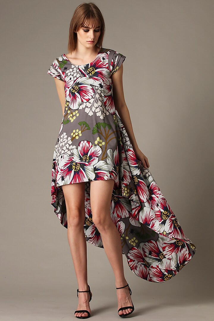 Cement Grey Floral Printed Dress by Alpona Designs