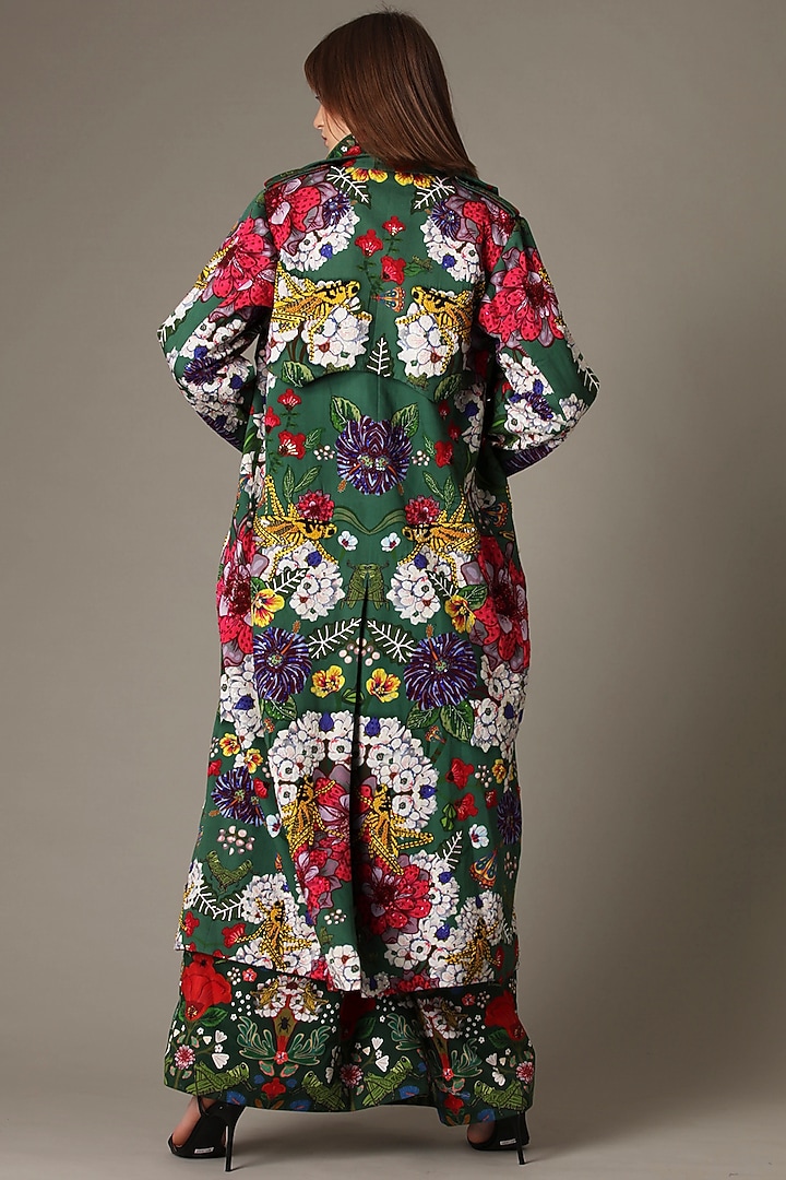 Forest Green Printed Trench Coat by Alpona Designs at Pernia's Pop Up Shop
