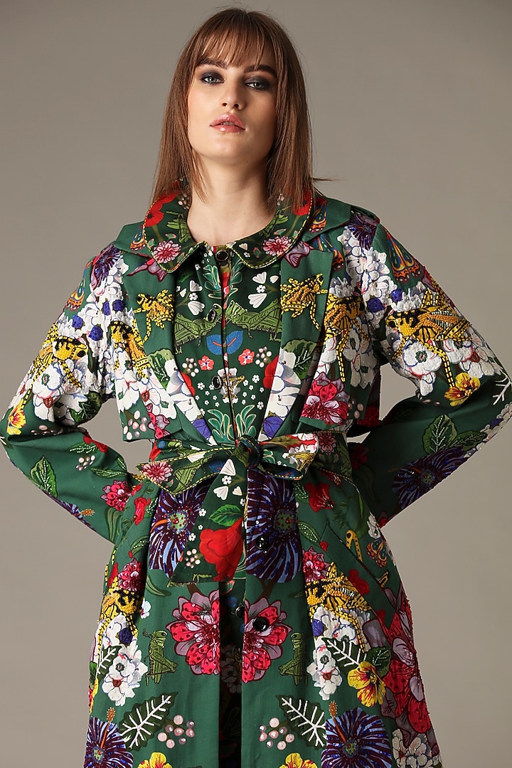Forest Green Printed Trench Coat by Alpona Designs at Pernia's Pop Up Shop
