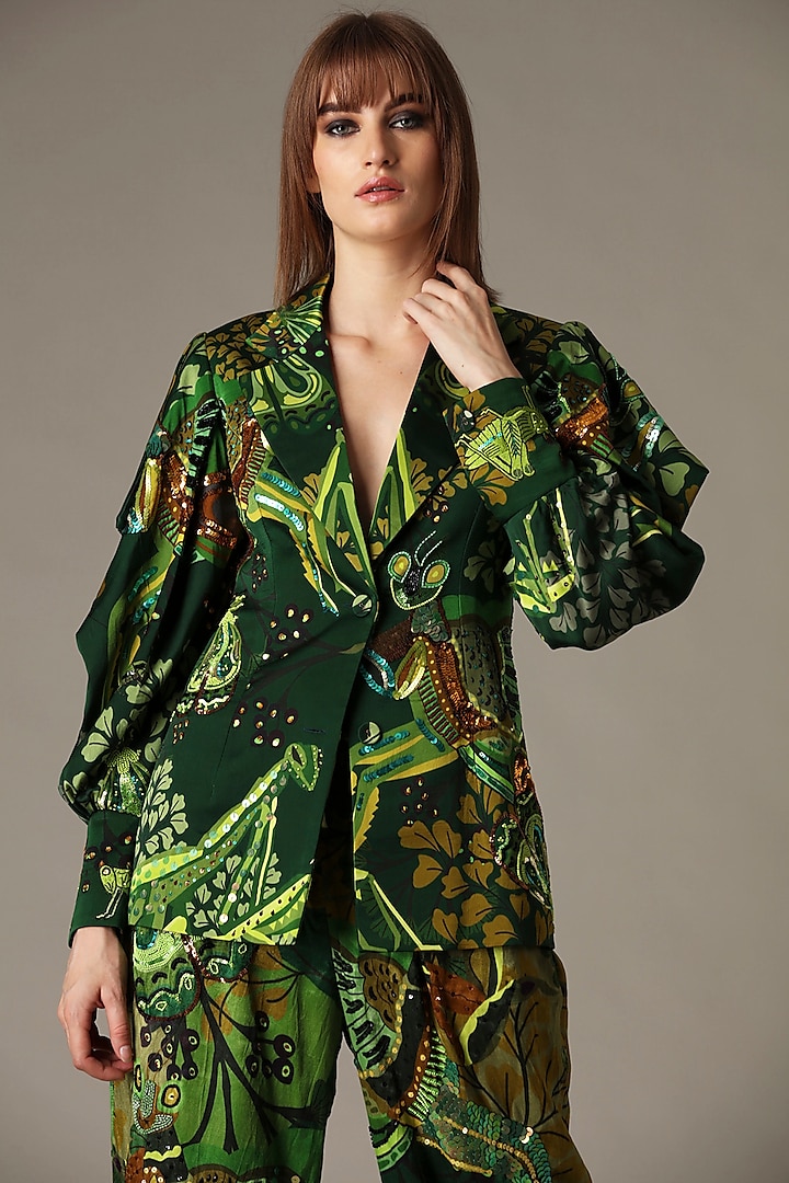 Moss Green Printed Jacket by Alpona Designs