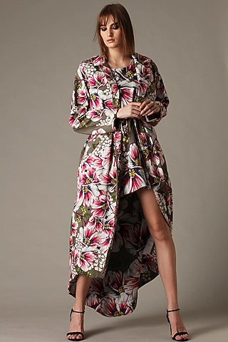 Cement Grey Floral Printed Trench Coat by Alpona Designs