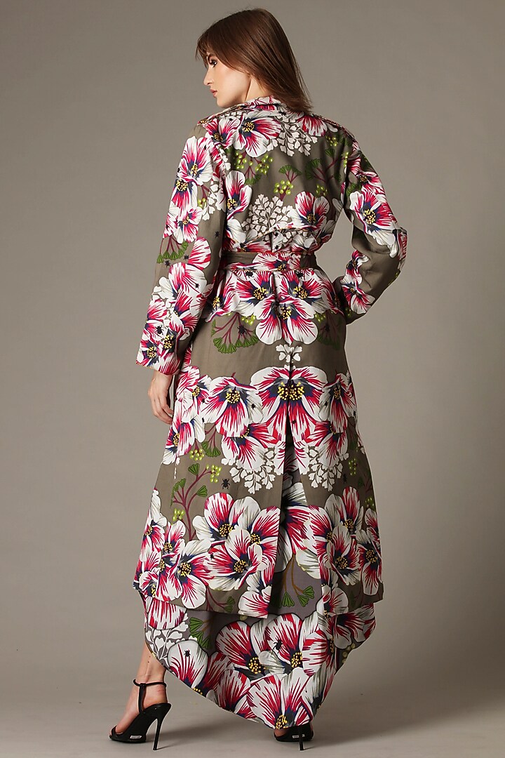 Cement Grey Floral Printed Trench Coat by Alpona Designs at Pernia's Pop Up Shop