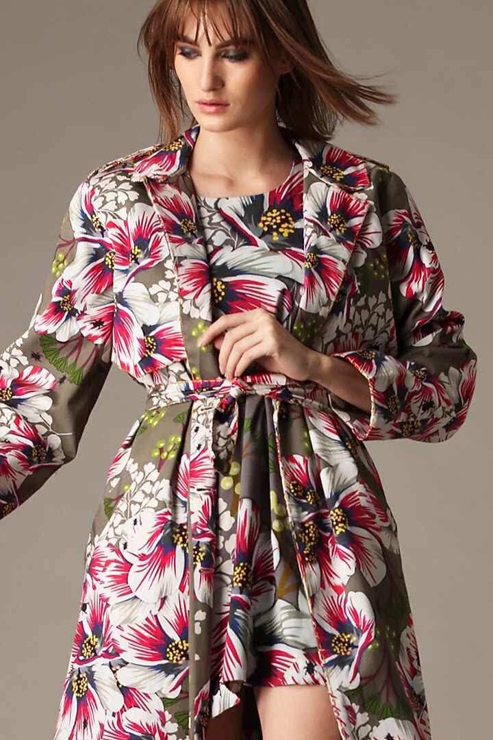 Cement Grey Floral Printed Trench Coat by Alpona Designs at Pernia's Pop Up Shop